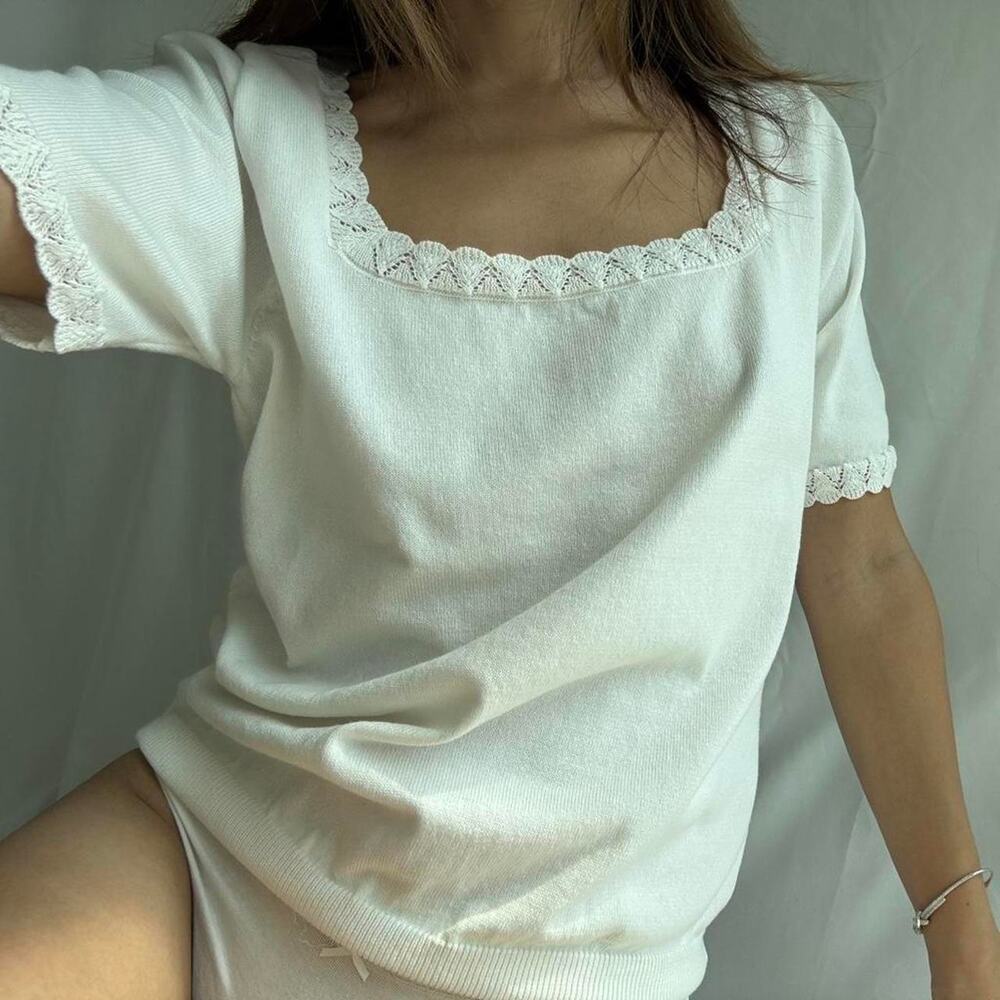 White lace trim square neck sweater